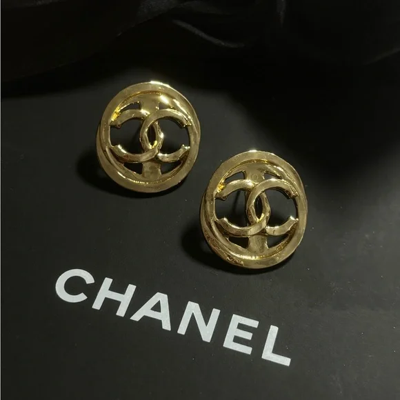 Authentic Chanel Vintage Gold- Buttons Repurposed CC Logo Button Earrings - Picture 2 of 4